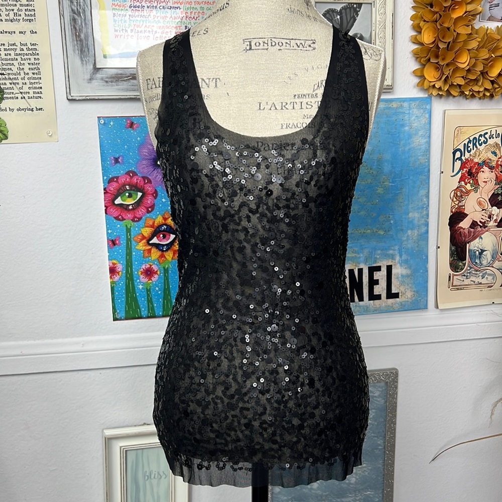 Max studio sequin sleeveless black top shimmer night out party sz. S stretch